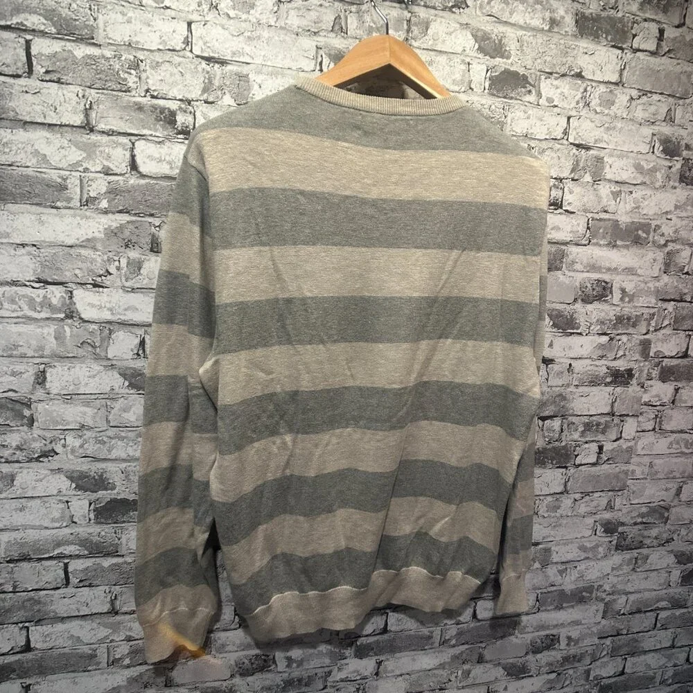EUC J.Crew Cotton Gray Heathered Strip Long Sleeve Pullover Sweater Size Medium